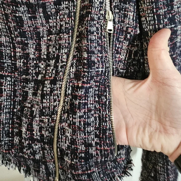 Zara Basic Women’s M Navy Tweed Moto Jacket Fringe Trim Zip Front Bouclé Blazer - Picture 5 of 8